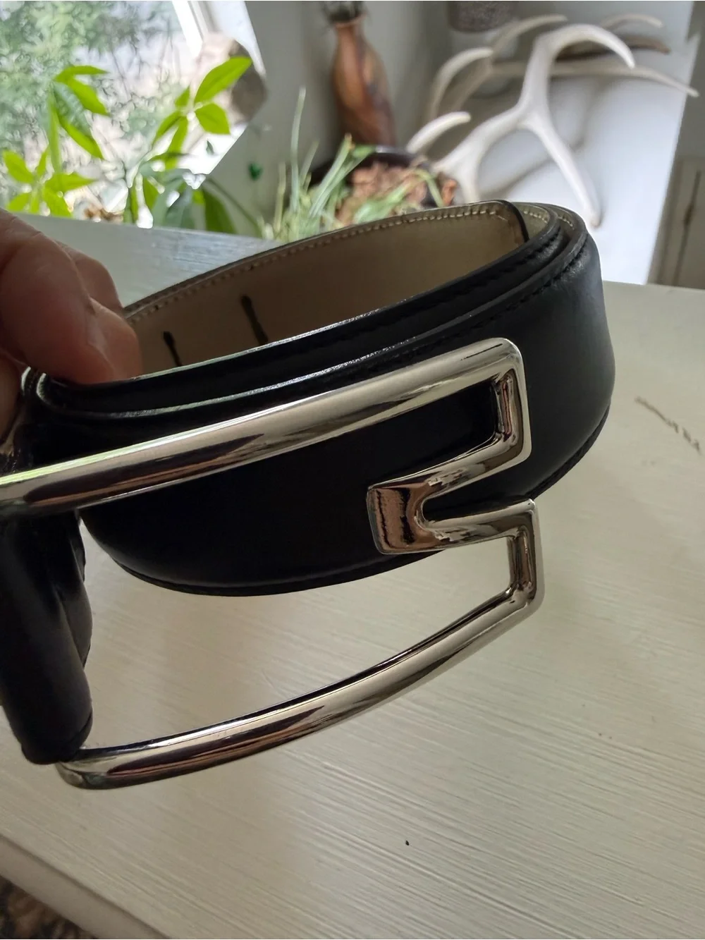 Black Leather Belt with Silver Buckle